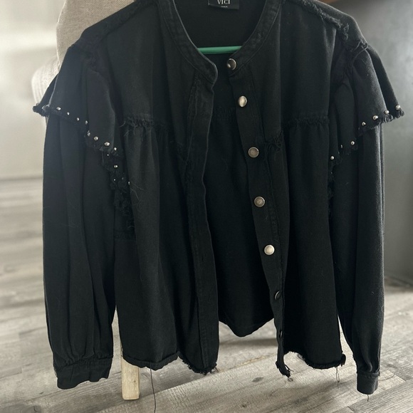 Vici Black Jean Jacket with Studded Shoulder Embellishments - Picture 1 of 7